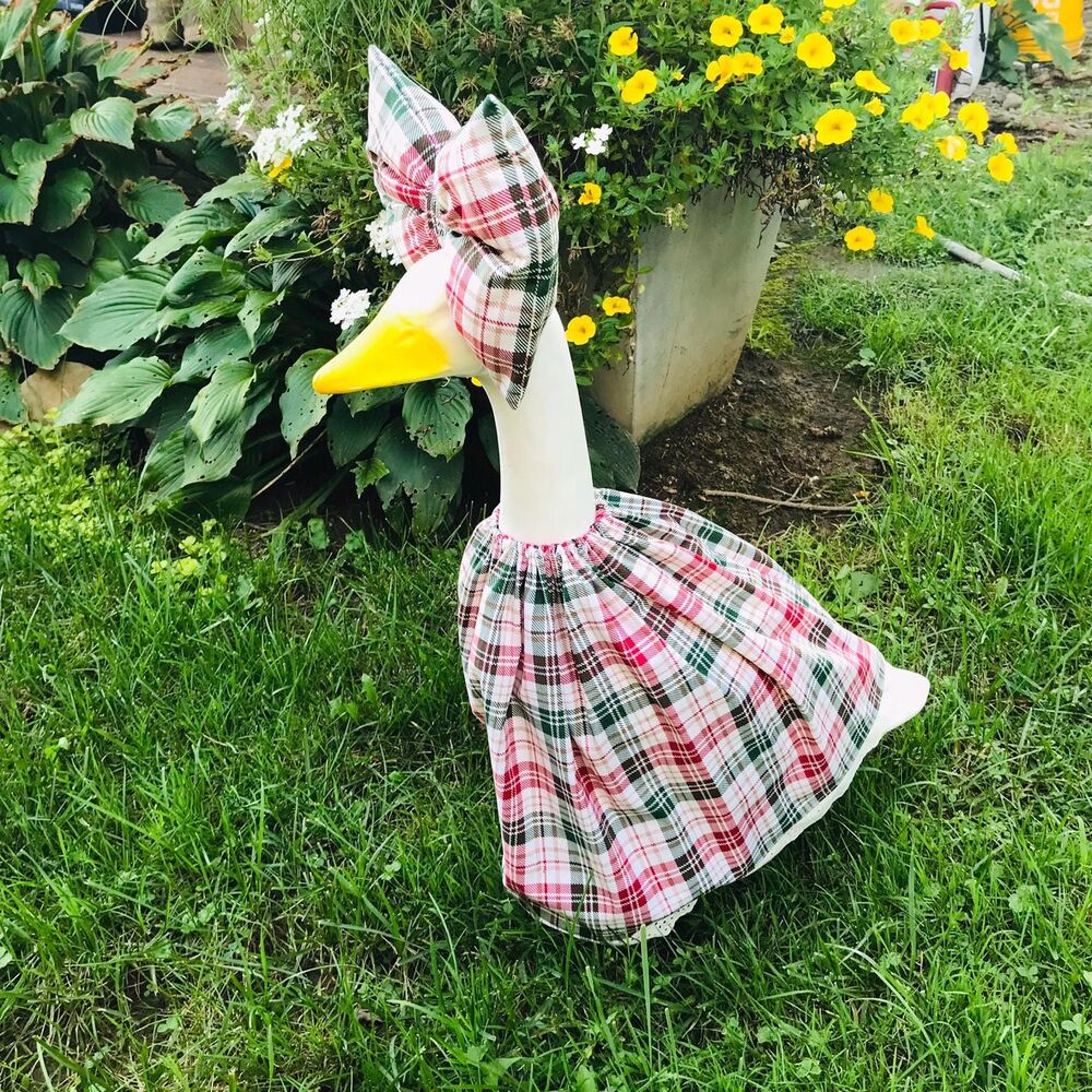 Porch Goose Dress & Bow Outfit For 18-23" Goose Handmade Christmas Plaid - Picture 3 of 13